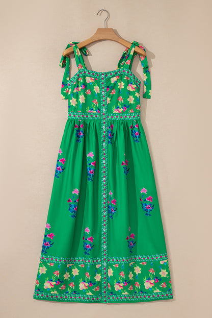 Green Floral Print Contrast Trim Knotted Straps Midi Dress