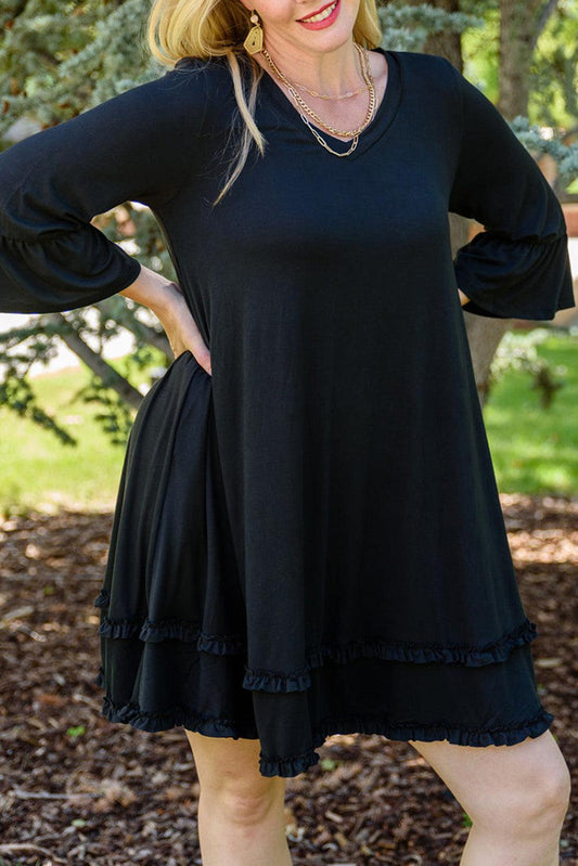 Black Plus Size Ruffled Trim 3/4 Sleeve Dress - L & M Kee, LLC