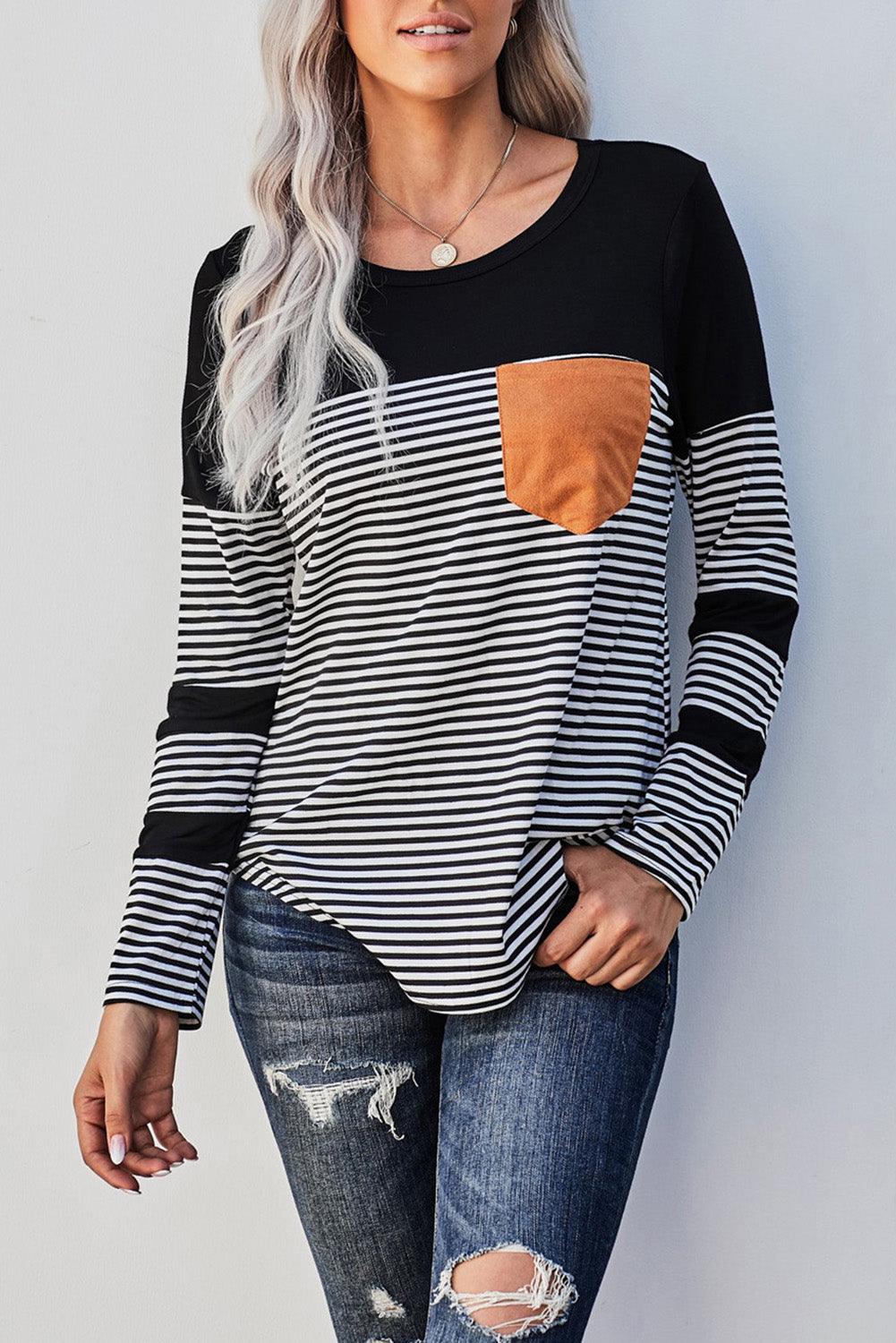 Black Pinstripe Patch Pocket Top - L & M Kee, LLC