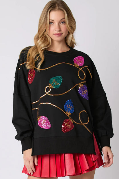 Black Bright Christmas Lights Printed Oversized Sweatshirt