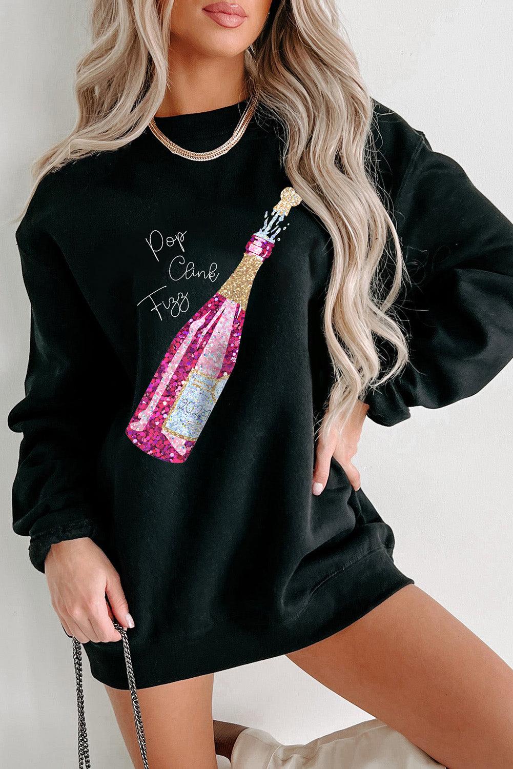 Black New Year Champagne Print Pullover Sweatshirt - L & M Kee, LLC