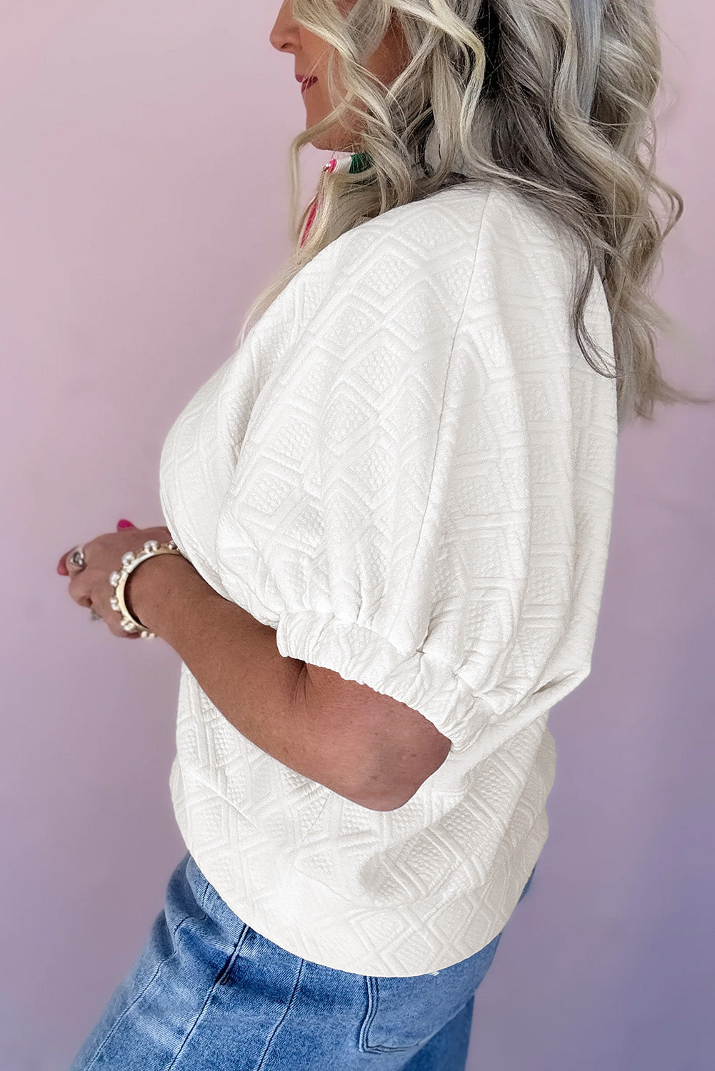 White Contrast Striped Collar Patchwork Textured Half Sleeve Blouse