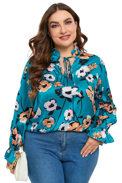 Sky Blue Floral Print V Neck Plus Size Blouse - L & M Kee, LLC