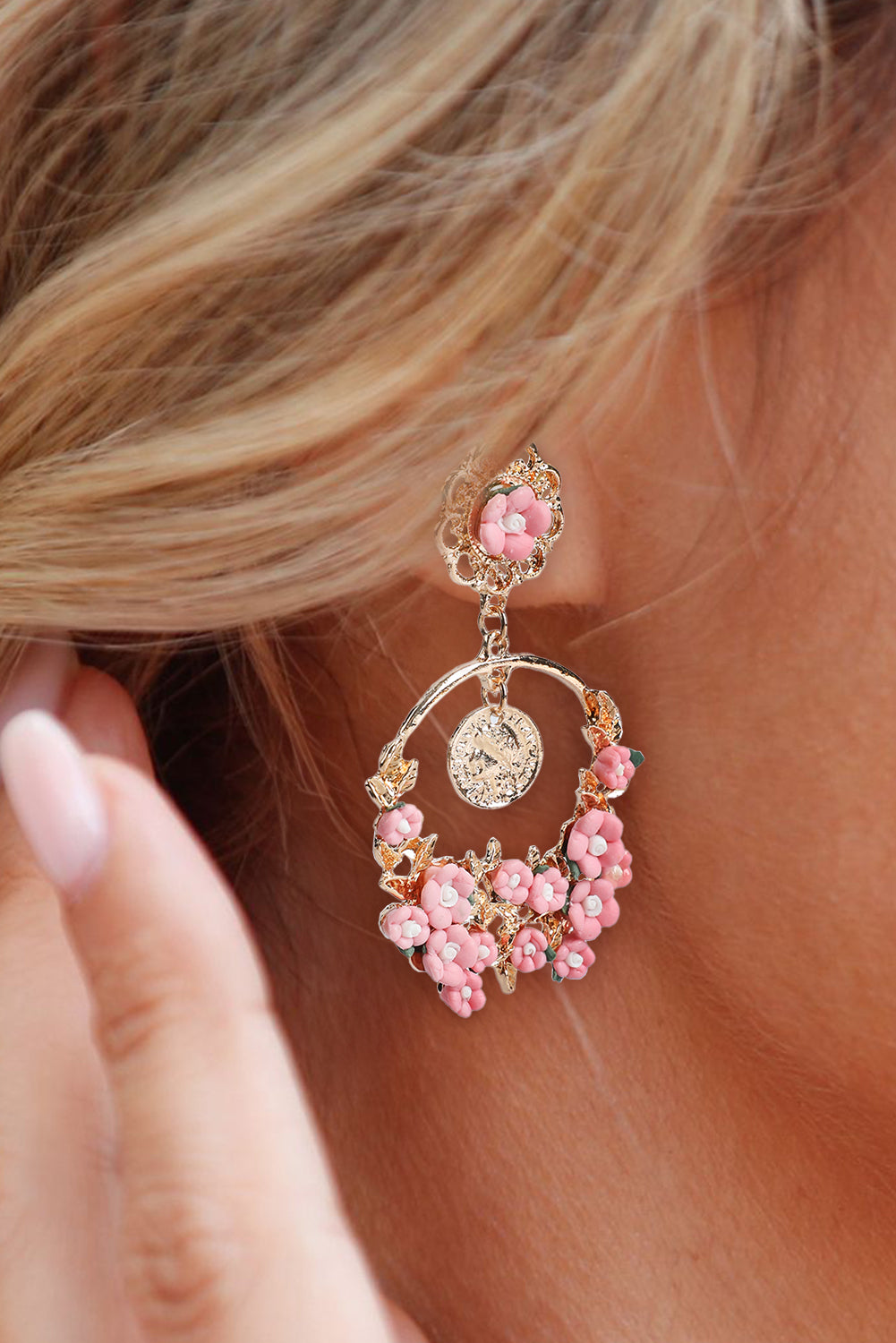 Pink Flower Decor Cut Out Stud Dangle Earrings