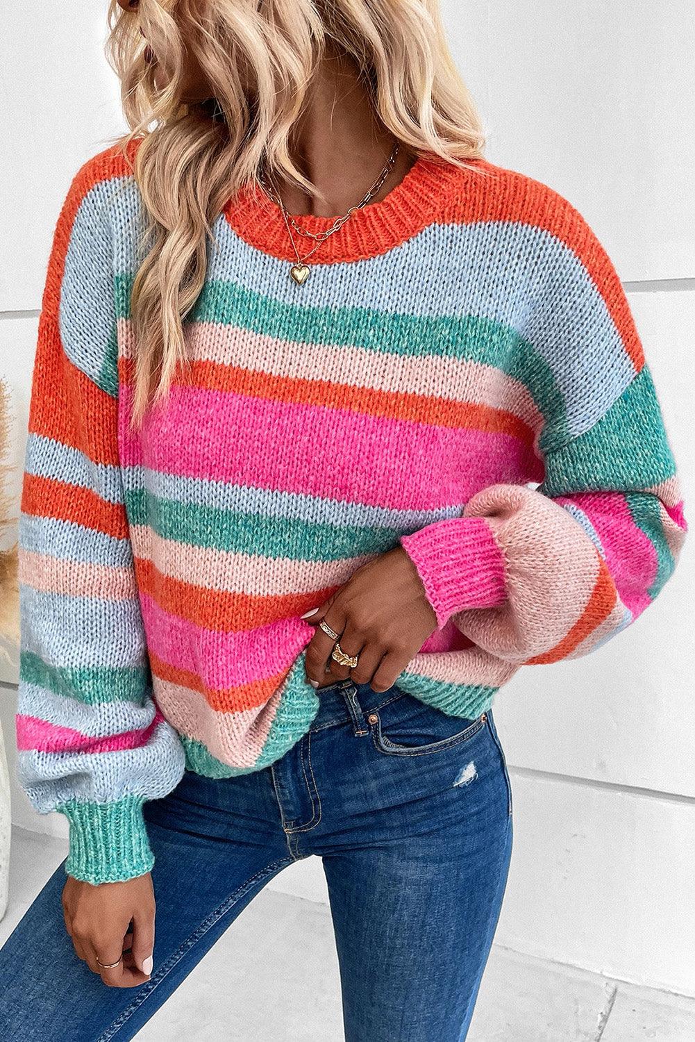 Multicolor Striped Knit Drop Shoulder Puff Sleeve Sweater - L & M Kee, LLC