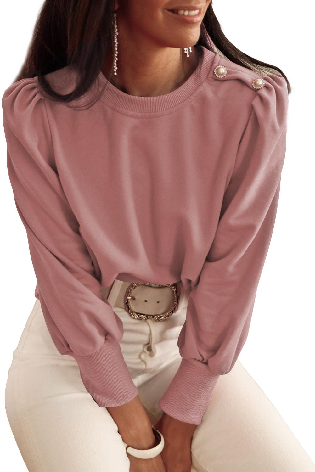 Rose Tan Button Tab Detail Long Sleeve Top - L & M Kee, LLC