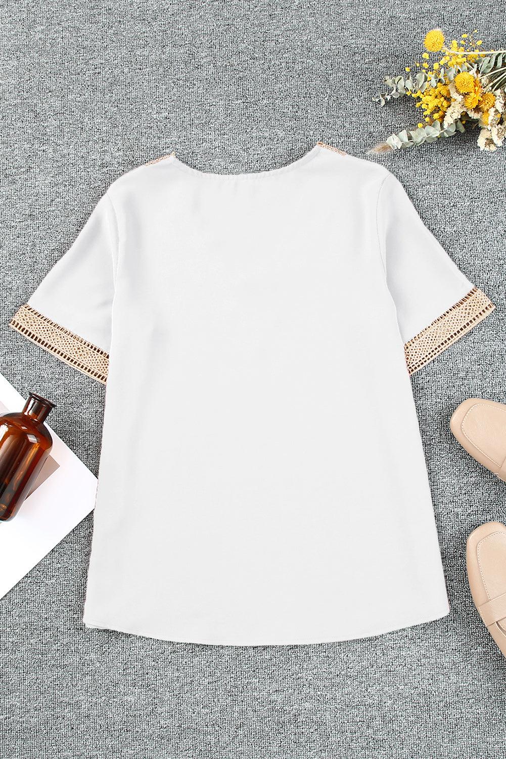 Lace Trim V Neck Short Sleeve Blouse - L & M Kee, LLC