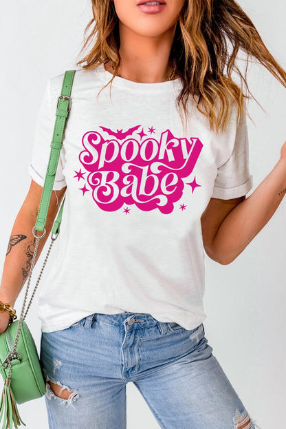 White Spooky Babe Bat Print Halloween Crewneck T Shirt - L & M Kee, LLC