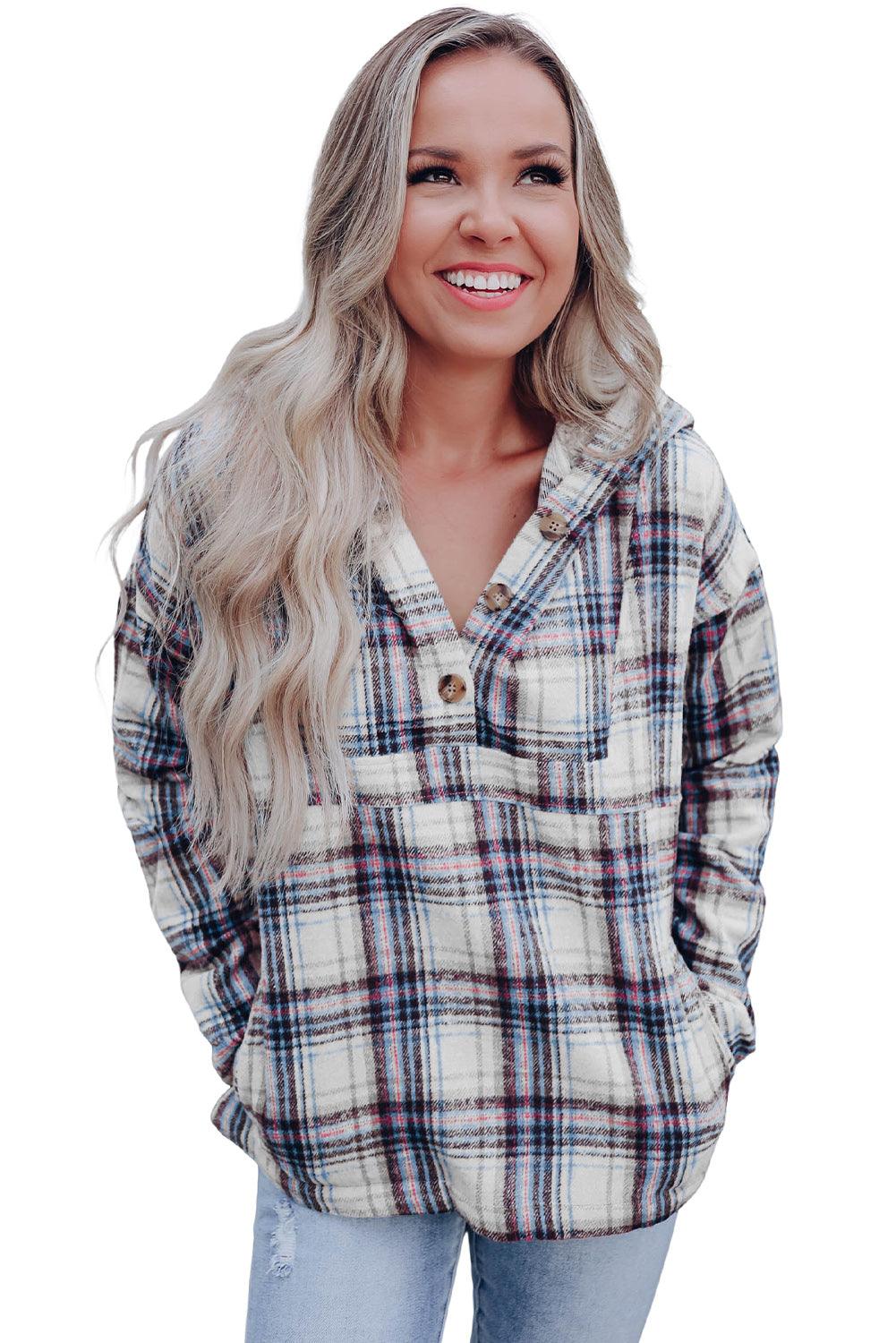 White Plaid Button Neck Pocketed Pullover Hoodie - L & M Kee, LLC