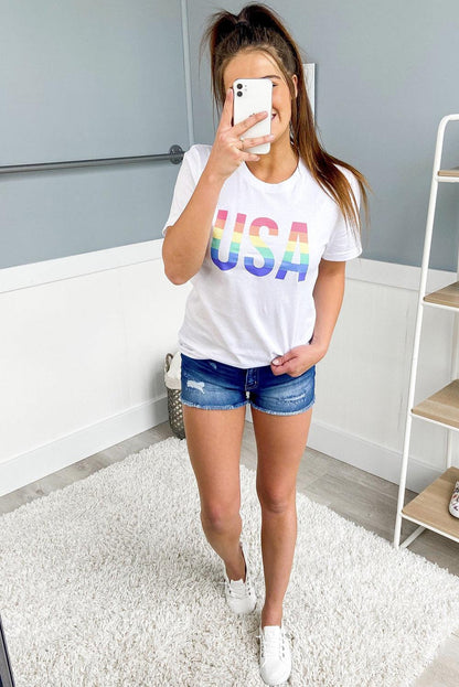 White Colorful USA Print Crewneck Casual T Shirt - L & M Kee, LLC