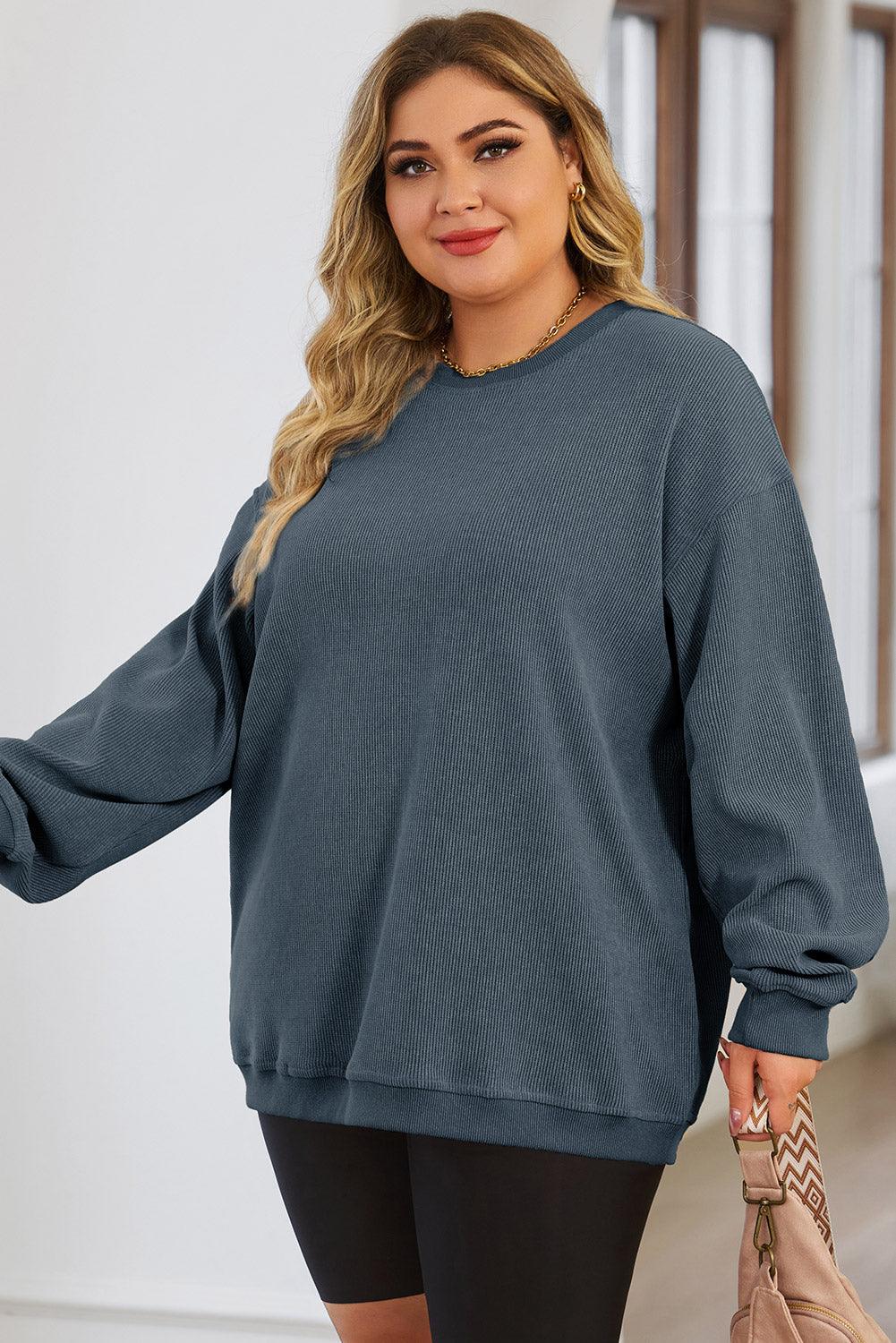 Blue Plus Size Corded Round Neck Sweatshirt - L & M Kee, LLC