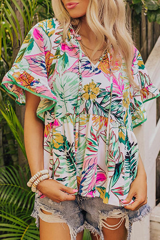 White Tropical Floral Print Ruffled Short Sleeve Blouse - L & M Kee, LLC