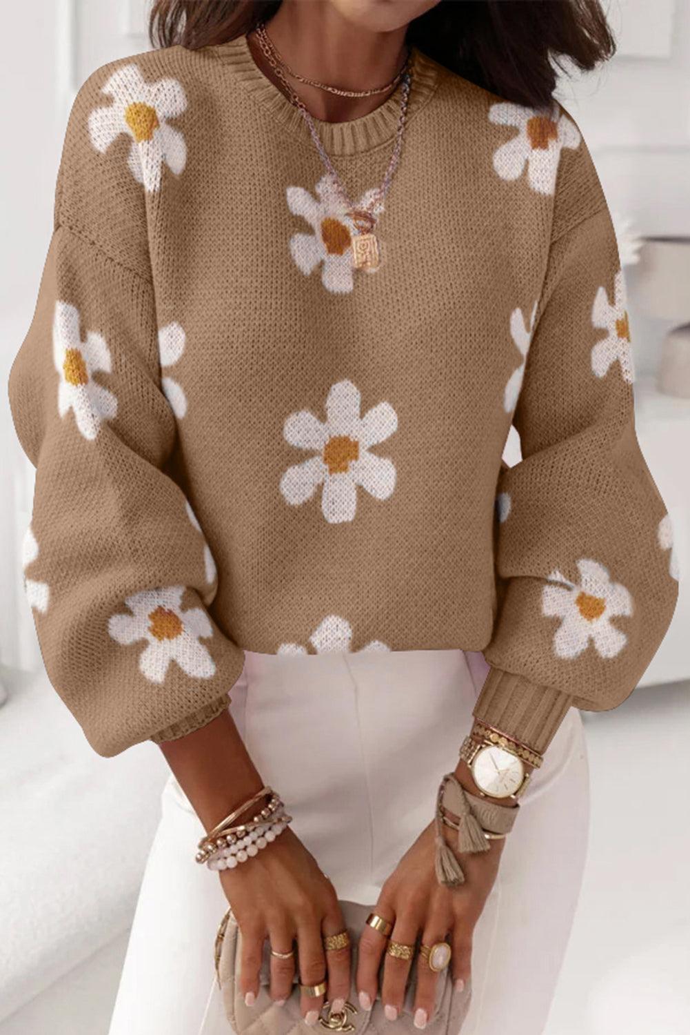 Pink Floral Pattern Drop Shoulder Sweater - L & M Kee, LLC