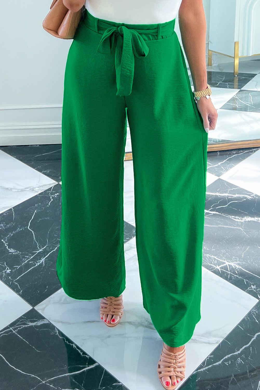 Bright Green High Waist Loops Belted Wide Leg Pants - L & M Kee, LLC