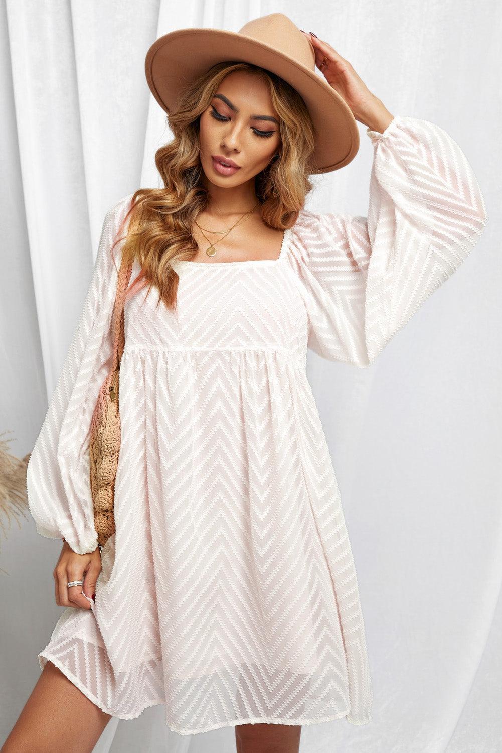 Square Neck Puff Sleeve Babydoll Style Short Dress - L & M Kee, LLC