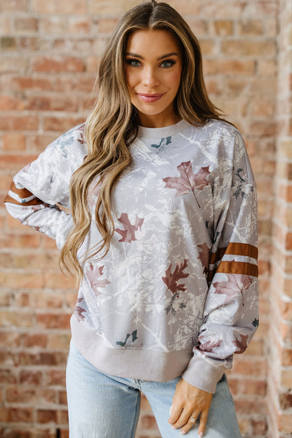 Gray Maple Leaf Camo Print Varsity Striped Sleeve Casual Sweatshirt
