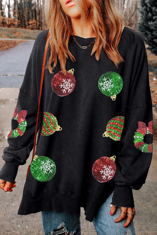 Black Sequined Christmas Graphic Split Sweatshirt - L & M Kee, LLC