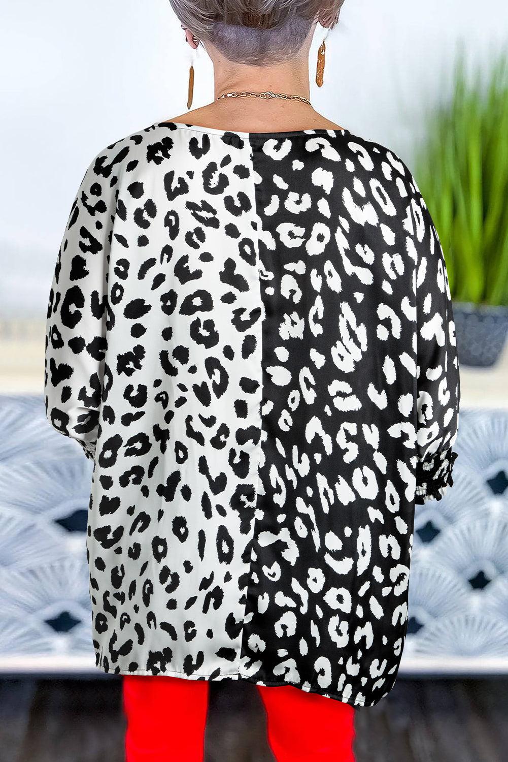 Black Plus Size Contrast Leopard Half Sleeve Blouse - L & M Kee, LLC