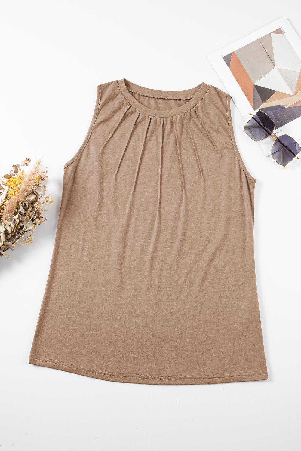 Light French Beige Pleated Detail Round Neck Tank Top - L & M Kee, LLC