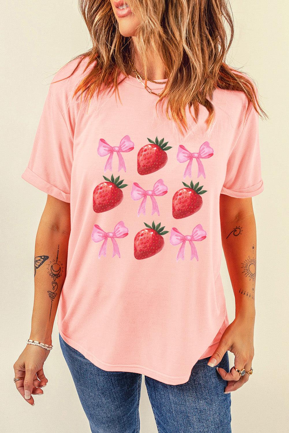 Pink Strawberry & Bowknot Graphic T Shirt - L & M Kee, LLC