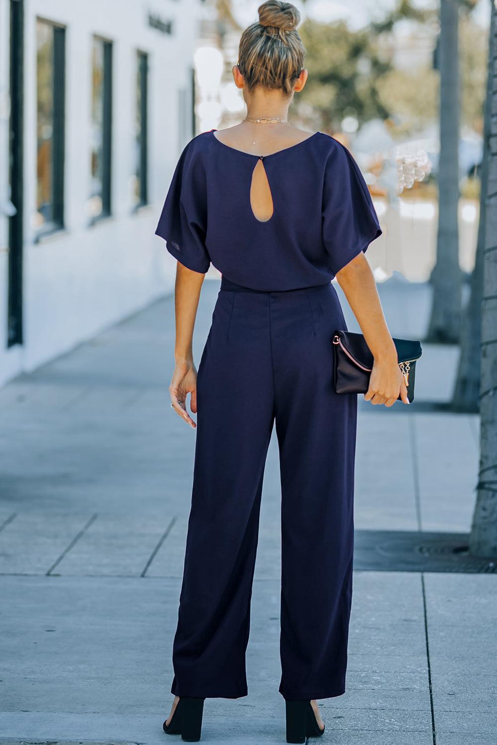 Blue Oh So Glam Belted Wide Leg Jumpsuit - L & M Kee, LLC