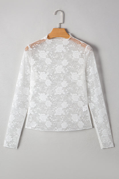 White Sheer Floral Lace Mesh Mock Neck Long Sleeve Top