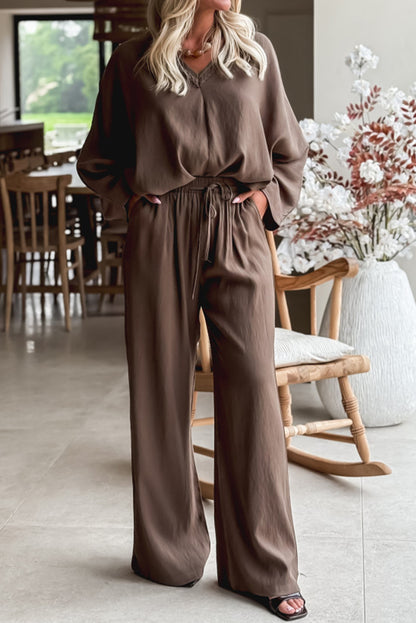 Dark Brown Braided V Neck Long Sleeve Loose Top and Drawstring High Waist Pants 2pcs Outfit