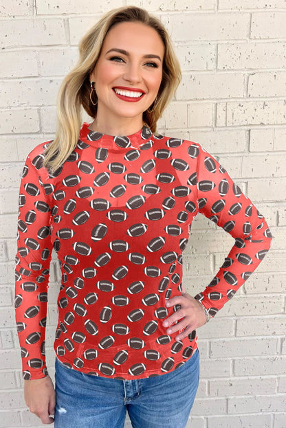 Brown Game Day Rugby Mesh Sheer Long Sleeve Top