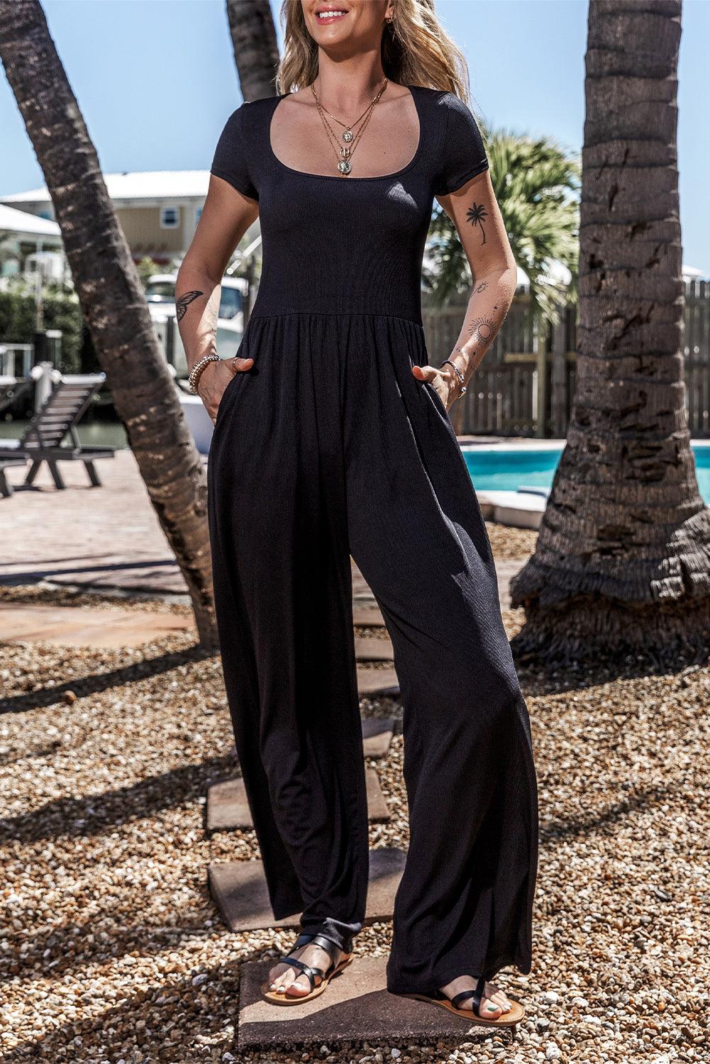 Black Pleated High Waist U Neck Short Sleeve Jumpsuit - L & M Kee, LLC