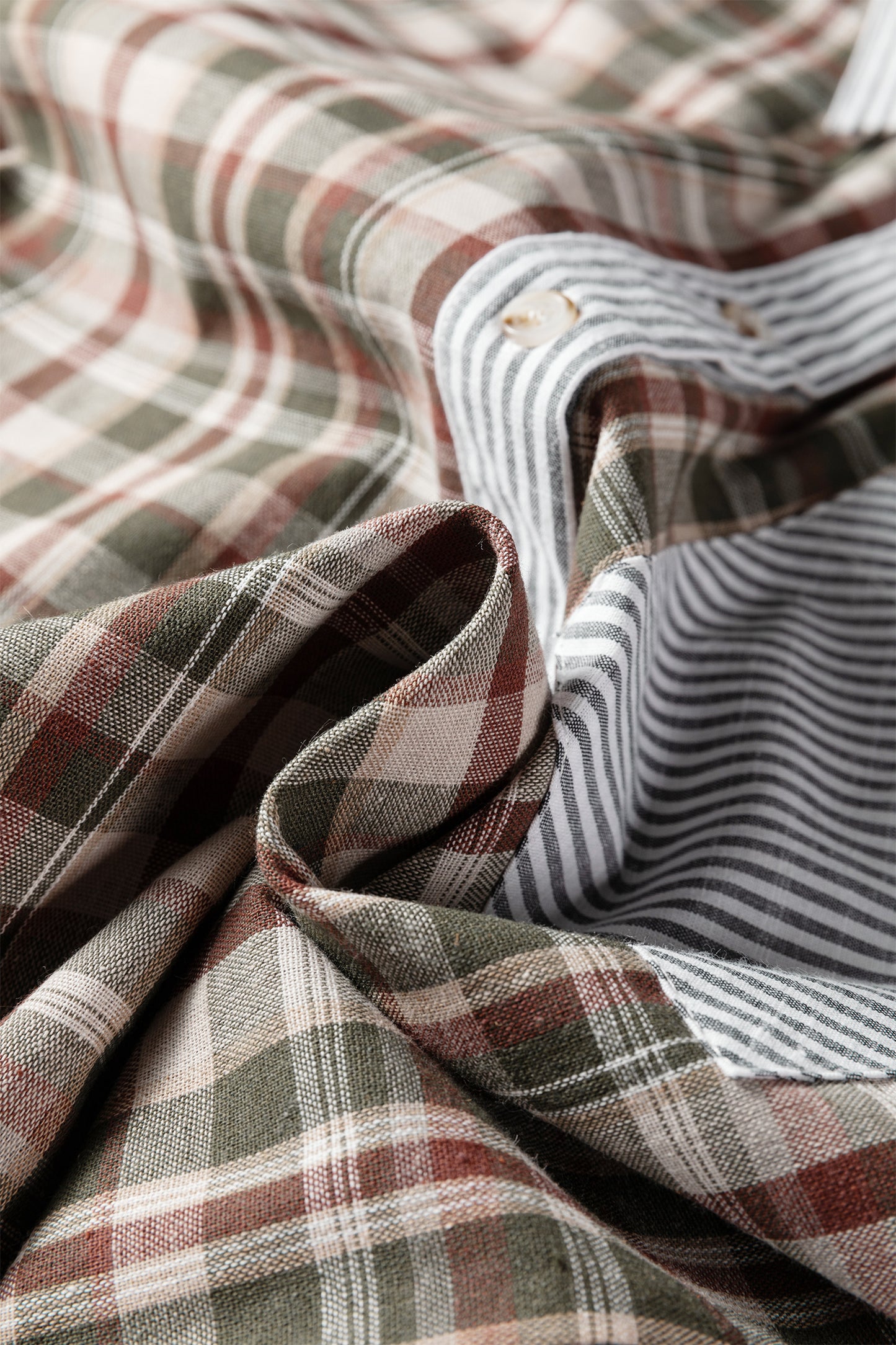 Brown Plaid Print Striped Patchwork Single Chest Pocket Buttoned Shirt