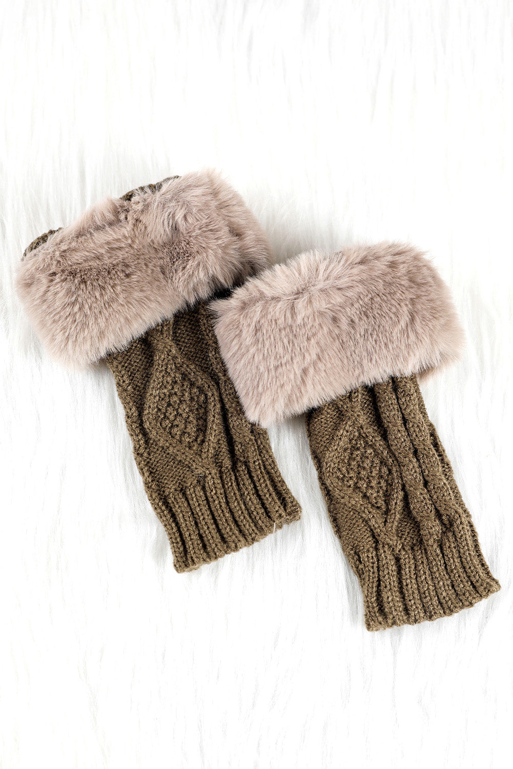 Camel Faux Fur Detail Fingerless Textured Knitted Gloves