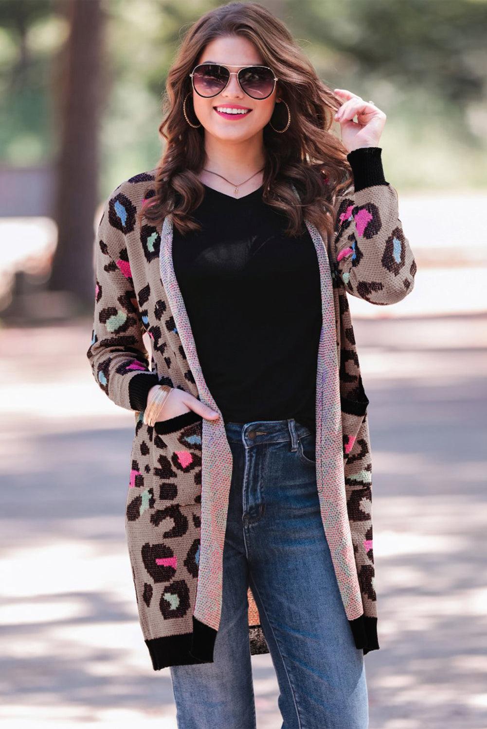 Leopard Contrast Trim Pocketed Open Cardigan - L & M Kee, LLC