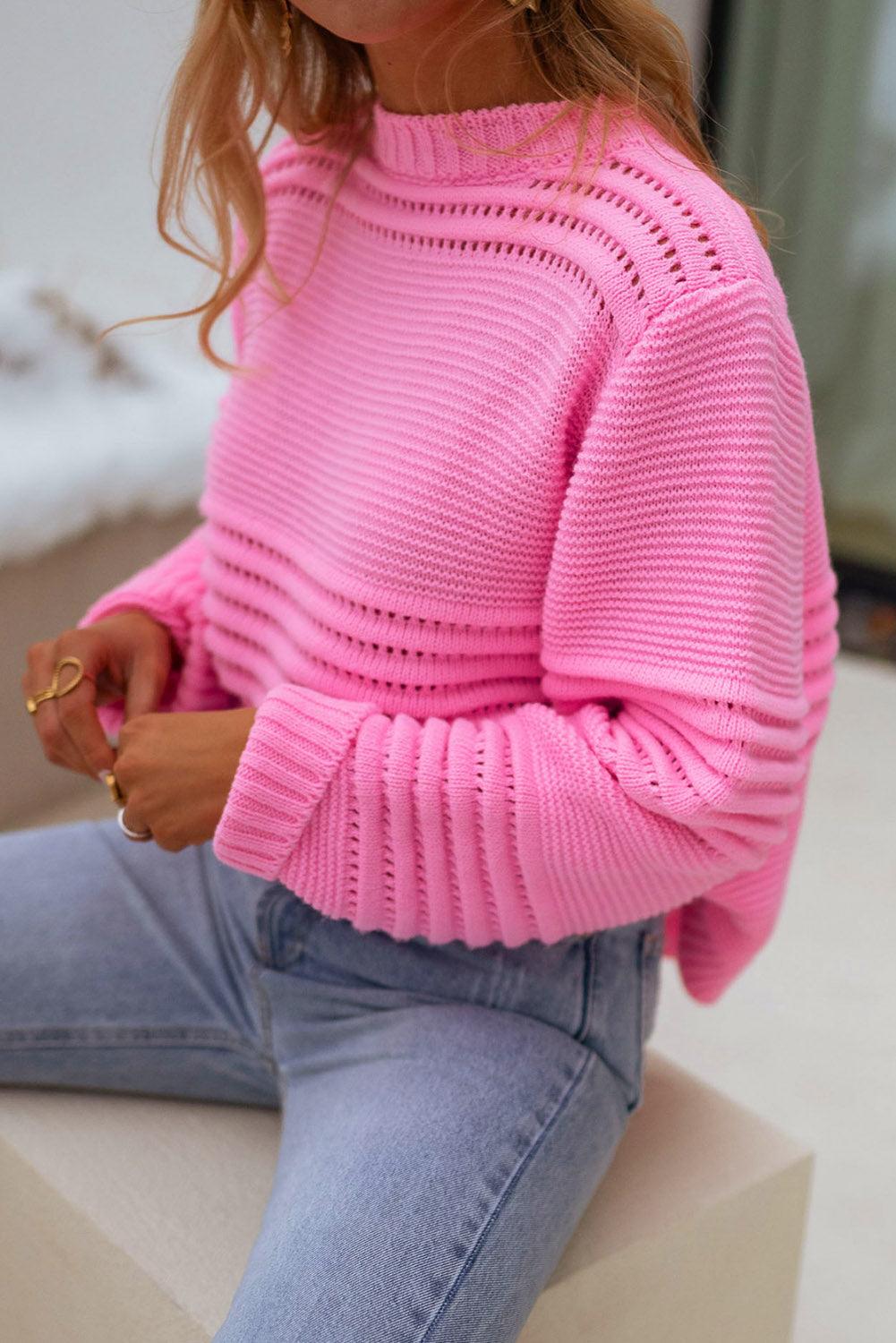 Pink Solid Color Cable Knit Eyelets Mock Neck Sweater - L & M Kee, LLC