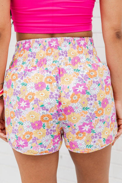 Pink Boho Floral Shirred High Waist Casual Shorts - L & M Kee, LLC