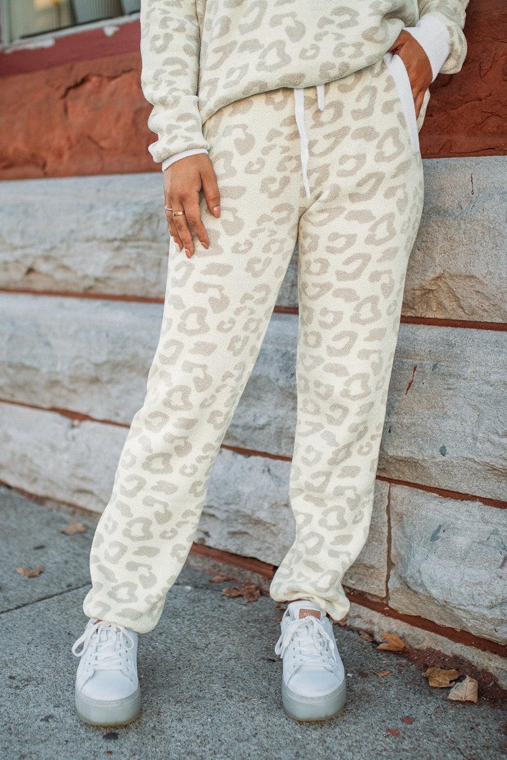 White Leopard Pullover and Drawstring Pants Lounge Set - L & M Kee, LLC