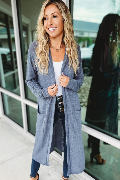 Blue Slub Knit Pocketed Open Front Maxi Cardigan - L & M Kee, LLC