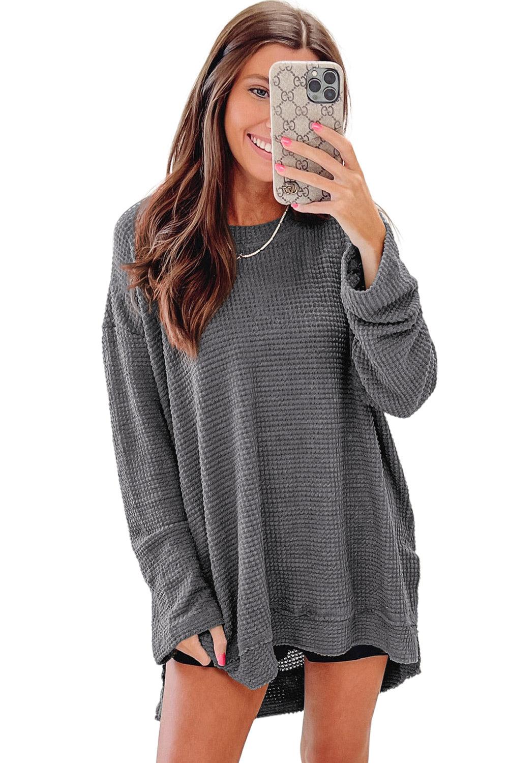 Gray Waffle Knit High Slits Oversized Top - L & M Kee, LLC