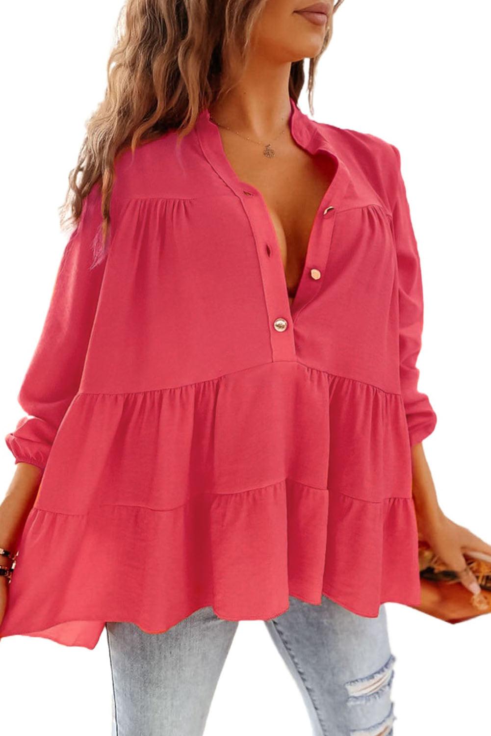 Half Buttoned Ruffle Tiered Long Sleeve Blouse - L & M Kee, LLC