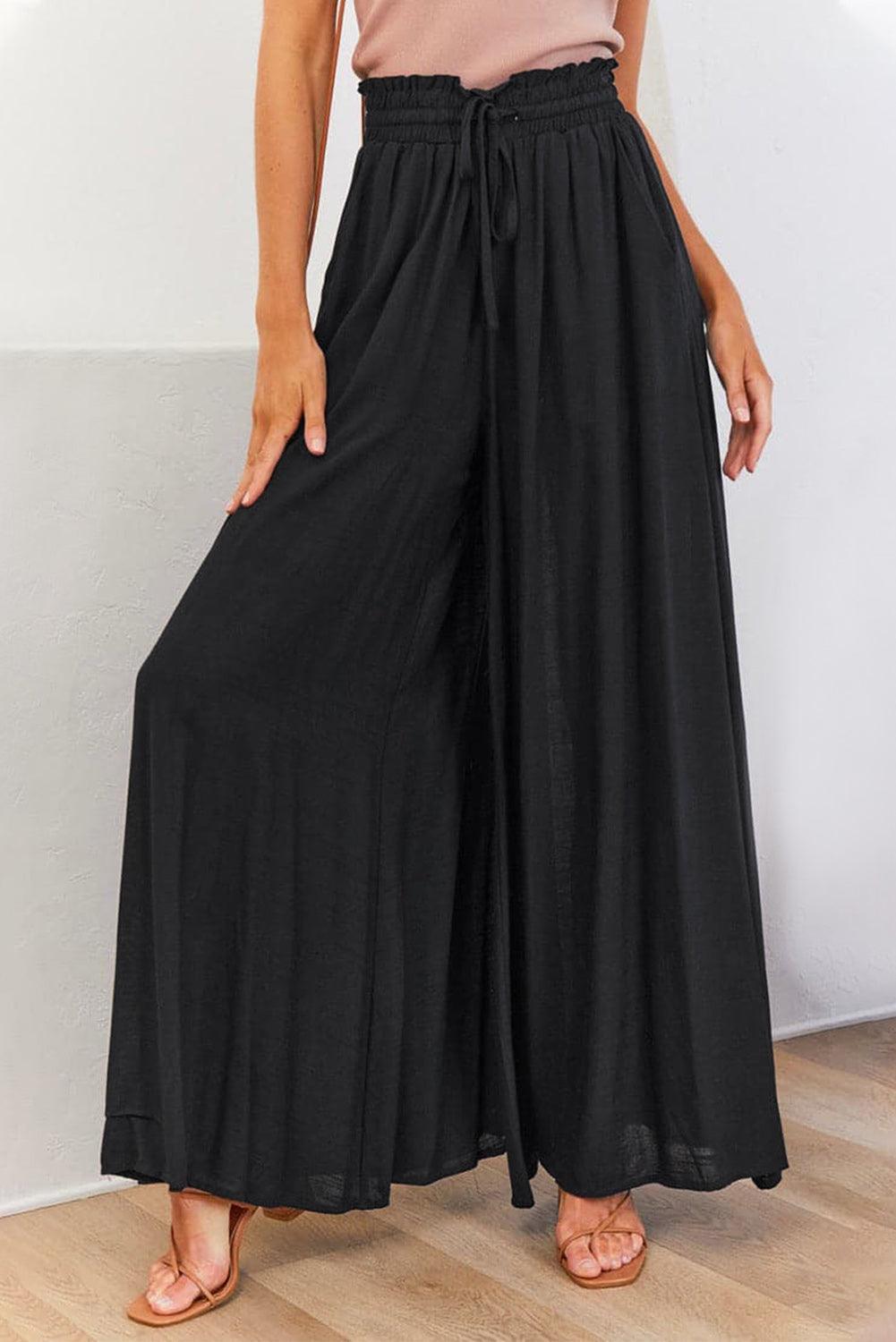 Black Drawstring Smocked High Waist Wide Leg Pants - L & M Kee, LLC