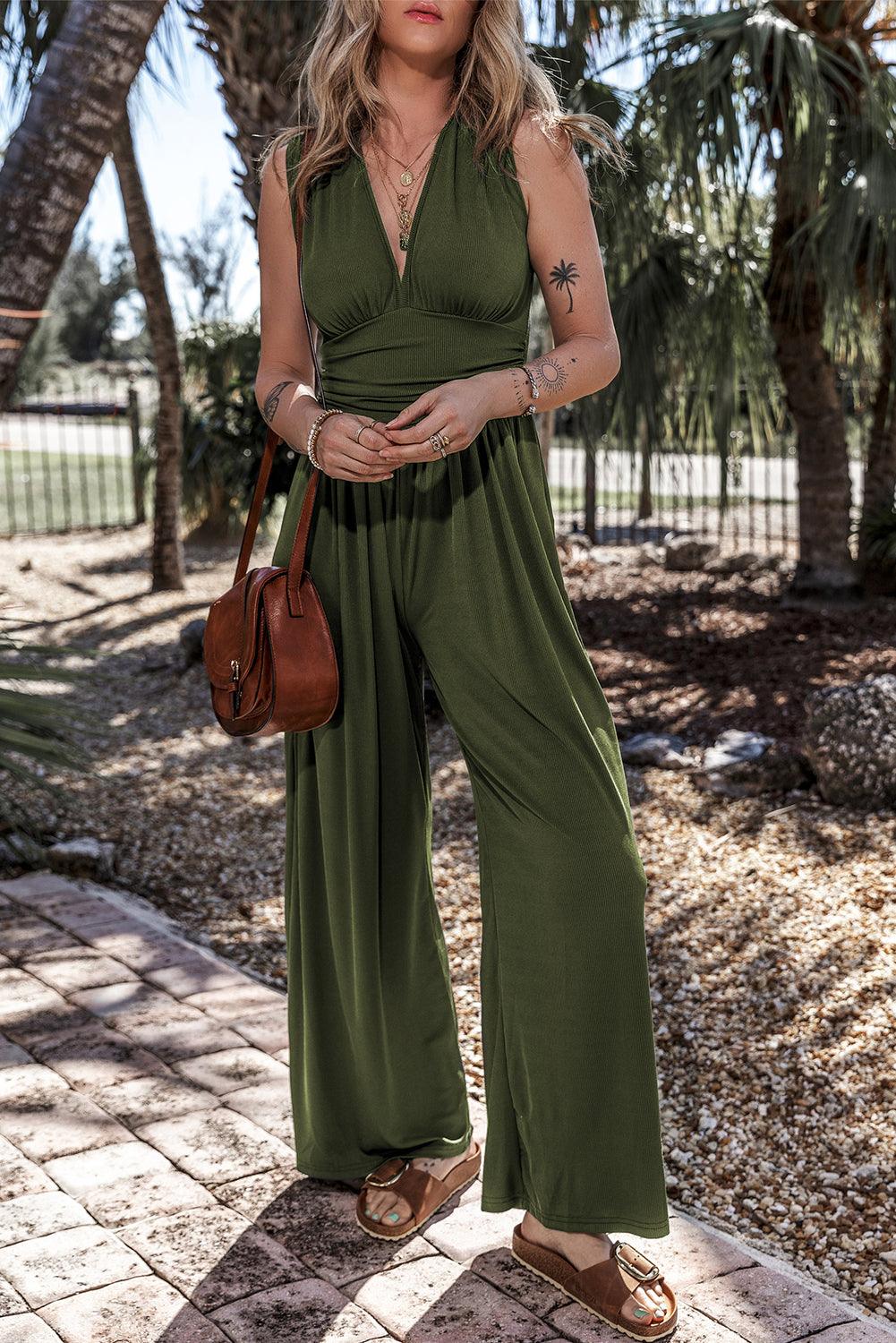 Moss Green Sleeveless V Neck Ruched Wide Leg Jumpsuit - L & M Kee, LLC