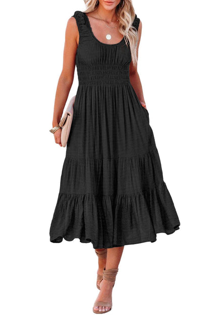 U-Neck Sleeveless Ruched Tiered Ruffled Midi Dress - L & M Kee, LLC