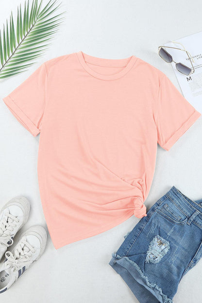 Pink Casual Plain Crew Neck Tee - L & M Kee, LLC