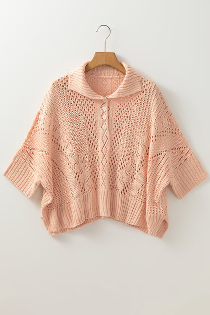 Apricot Pink Hollowed Knit 3/4 Dolman Sleeve Buttoned Collared Sweater