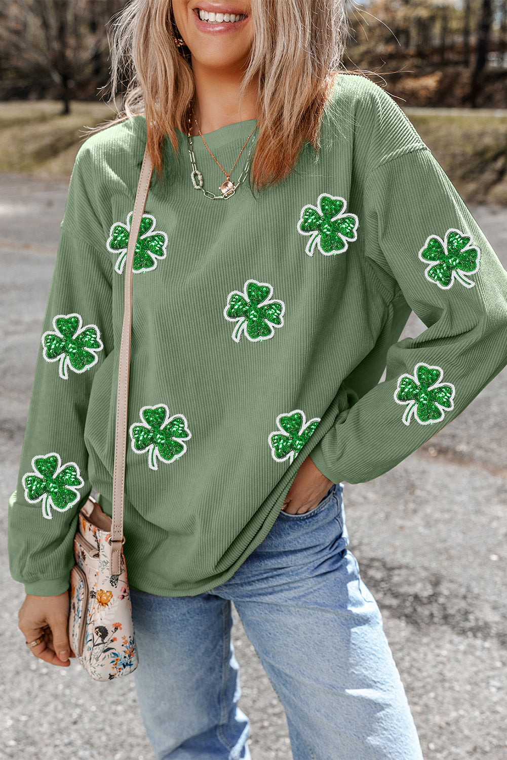 Grass Green Ribbed Four Leaf Clover Graphic St. Patricks Pullover Sweatshirt