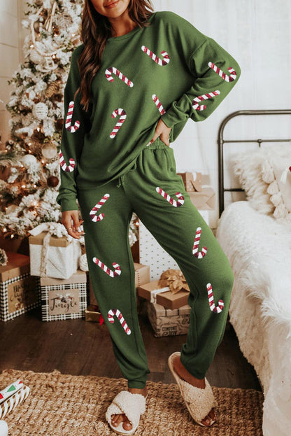 Spinach Green Sequined Christmas Cane Pattern Lounge Sweatsuit - L & M Kee, LLC