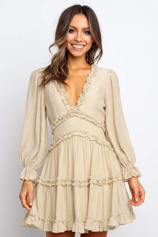 Beige V Neck Ruffle Detailing Open Back Dress - L & M Kee, LLC