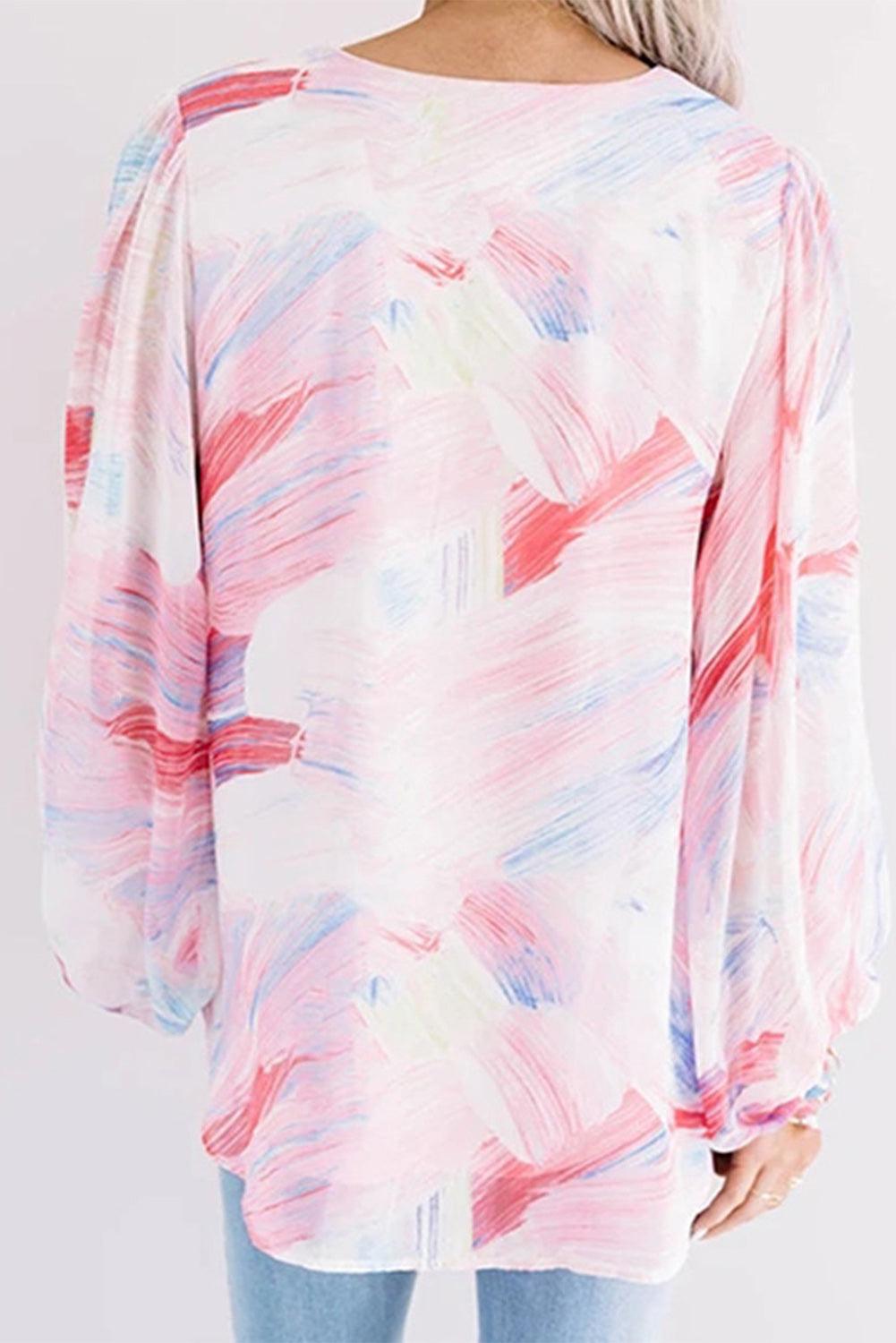 Pink Abstract Print Balloon Sleeve V-Neck Blouse - L & M Kee, LLC