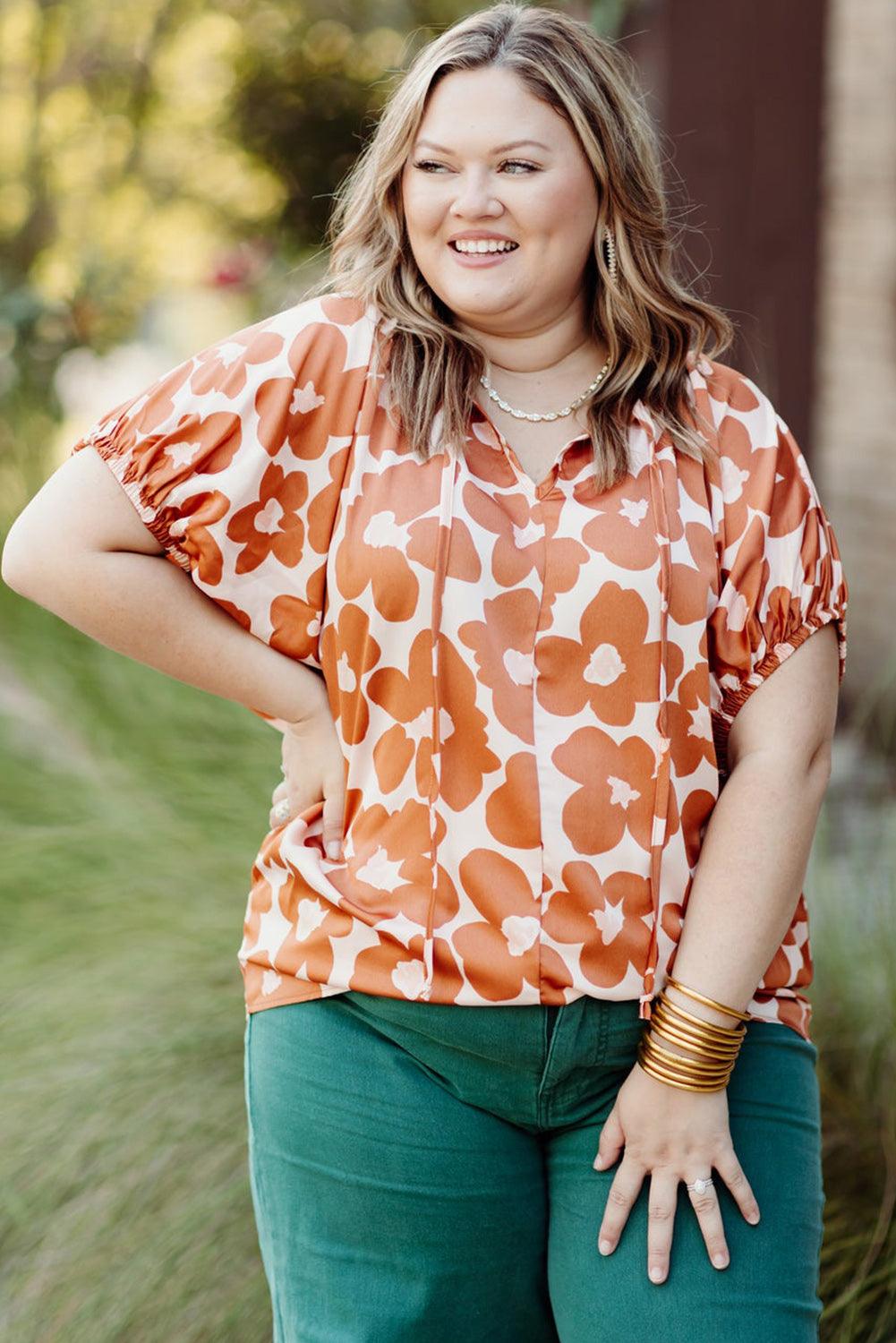 Orange Plus Size Floral Print Drawstring V Neck Short Sleeve Blouse - L & M Kee, LLC