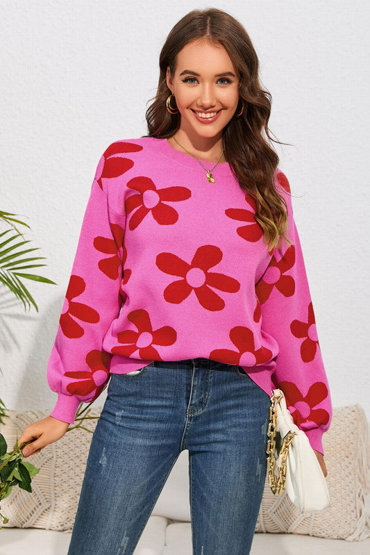 Rose Big Flower Knit Ribbed Trim Sweater - L & M Kee, LLC