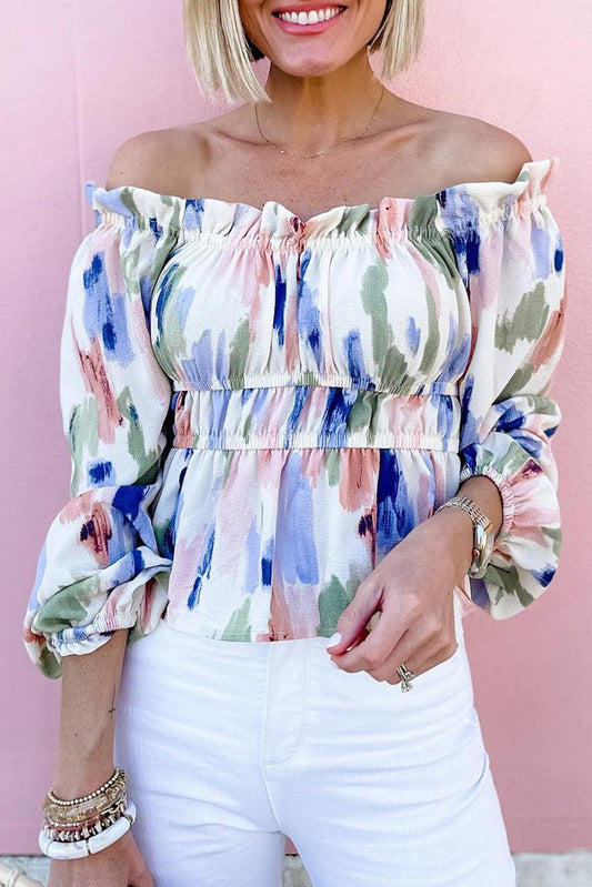 Abstract Print Frill Off Shoulder Bubble Sleeve Blouse - L & M Kee, LLC